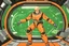 Placeholder: Create a vintage-style sci-fi image featuring a muscular male character with blond hair and a determined expression, dressed in a form-fitting, orange space suit with black belt, standing on a green, disc-shaped spacecraft. In close combat with a large, silver humanoid robot that has visible joint segments, round head, a flat face with two large circular eyes, and a small round mouth. The robot's right hand is raised while its left hand is gripping the protagonist's right forearm. The human char