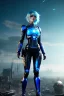 Placeholder: Smirking Cyborg anime assassin, light blue hair, blue eyes, waist up portrait, 8k resolution, intricate details, ornate details, soft lighting, vibrant colors, retroanime, masterpiece, intricate eyeliner, dark eyeshadow, eyes, intricate tattoos, futuristic cityscape background