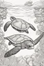 Placeholder: STRESS RELIEF themed coloring page for adult, cartoon style, thick outline, low details, no shading, no color, A serene underwater world with gliding sea turtles and coral