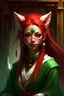 Placeholder: It's a girl in her 20s. She is one of the guards of the sacred temple. She has ears and a tail like a red panda, but only as a ghost. Where the eyes are, there's an arnament of red colors painted on it. Her eyes are green and her hair color is dark red and the strands in her hair are black and white. On the ears are earrings in the shape of a green lotus, and on the end of them hangs a red ball. There are also arnamentations of autumn leaves on her skin. Her clothes are like a Chinese dress. But