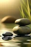 Placeholder: delicate background with spa stones and a bamboo stem, on a blurred background on the stones, abstract silhouette meditation, photorealistic photo