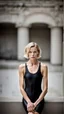 Placeholder: beautiful anorexic woman, total shot, short shiny black triathlon swimsuit, short blond wavy bob hair, blurred concrete background