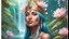 Placeholder: Photo realistic portrait of a gorgeous smiling skinny native indian goddess with a golden dark shining skin, long smooth clear turquoise blue and pink white hair, blue eyes, in a sci-fi outfit with luminous strikes blowing a kiss in a hill of flowers with sakura trees, a waterfall, a crystal palace, loads of mini flowers, moss, sun rays through the branches, particles in the air at spring. Intricated details,