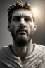 Placeholder: Ultra Realistic image, Roman sculpture, white marble material, Lionel Messi, gold crown of natural thorns, god crown, gold veins, Renaissance style, sun rays background, waist up portrait, epic, celestial, cinematic lighting, God lights, 4k resolution, smooth details, soft lighting, unreal engine 5, art station, substance 3d.