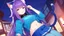 Placeholder: Girl ,purple hair, cat ears, cat tail, blue skirt, open navel, short green shirt, night in town ,with tongue out, collar on neck, sit