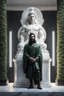 Placeholder: highly detailed marble and jade statue on a plint of a young man. long black hair and short beard, marble skin, full body shot, invisible gloves, , volumetric fog, Hyperrealism, breathtaking, ultra realistic, unreal engine, ultra detailed, cyber background, Hyperrealism, cinematic lighting, highly detailed, breathtaking, stunning environment