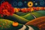 Placeholder: Autumn hills, painting, Gustav Klimt style, one pumpkin, fall, Van Gogh, whimsical, swirls, night, maple trees, red barn, dark, forrest, red, orange, corn field, the , colorful, dreamy, New England, old path,