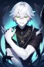 Placeholder: plauge doctor in balck leather clothes with silver hair, pale skin and bright green eyes smiling with sharp teeth, nice young face, male, viscious smile