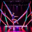 Placeholder: a picture of a gymnast lady show her performance on gymnast parallel barfix in a modern stage made of 3d geometric recursive structures and dynamic color lights