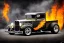 Placeholder: a customized 1930 ford model a pickup, roof chopped, lowered, wide dragster wheels, no spare tire, vertical truck exhaust pipes behind the cabin, with flames coming out of them, twin-tone colouring, centered, intricate, extreme detailed, photorealism, center view, stylized random background, pivot on ford, pen and color marker painting by cheryl kelley