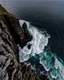 Placeholder: from the point of view of a rock climber, look down at the ocean rocks below as you climb high into the bluffs of ireland. holding on to the cliff face, the ocean below storms and swirls around a giant whirlpool