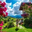 Placeholder: a luxury villa in beautiful Green hills covered with flowers colorfull ,blue sky heavy clouds with godray ,very nice flowers at closeup ,wonderfull mountains at distance,beautiful lady walking to camera in front of villa