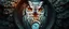Placeholder: close up of owl abraxas in the fish eye web, interdimensional portal, with a pocket watch