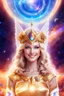 Placeholder: cosmic woman angels smile, admiral from the future, one fine whole face, crystalline skin, expressive blue eyes,rainbow, smiling lips, very nice smile, costume pleiadian, Beautiful tall woman pleiadian Galactic commander, ship, perfect datailed golden galactic suit, high rank, long blond hair, hand whit five perfect detailed finger, amazing big blue eyes, smilling mouth, high drfinition lips, cosmic happiness, bright colors, blue, pink, gold, jewels, realist, high commander,ufo rainbows