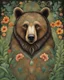 Placeholder: Captivating, vibrant painting of majestic bear, adorned with intricate motifs mixed with its fur. The coat is a fascinating combination of dark and light tones, with swirling patterns and lush floral motifs. Expressive eyes reveal the depth of your character and soul. Lush and green environment, surrounded by plants and flowers. The colors are a harmonious mix of earthy tones, with touches of orange, blue and white, creating a deep connection with nature