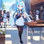 Placeholder: Clear focus, High resolution, long fluffy light blue hair, hair between eyes, long locks, wearing a sailor uniform, wearing a sailor skirt, long black socks, 1girl, cartoon, cute, UNFOTABLE studio, red tie, walking, outside setting