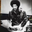 Placeholder: a realistic portrait of Jimi Hendrix at a turntable with headphones on being a DJ, vivid color, with sunglasses