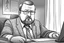 Placeholder: big russian man sitting at desk, portrait, speech, TV address, nametag, glasses, neck beard, short hair, mustache, suit, no tie; caricature style, sketch art; black and white; grayscale, pencil drawing