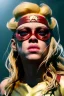 Placeholder: portrait, Shakira, blonde, angry, Realistic image, superhero, retro watchmen style, gold make-up, blood, sweat, fog, goddess style, Neon colors, leds. Black background, photo studio, concept art, smooth, unreal engine 5, god lights, ray tracing, RTX, lumen lighting, ultra detail, volumetric lighting, 3d, finely drawn, high definition, 4k.