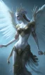 Placeholder: Female angel with beautiful perfect face big wings and golden crown floating above the ground in the dark enviroment, anatomically correct, michelangelo style, detailed, world of warcraft style, dark forest, trees, painting, brush strokes, 8k, dark forest in the background, dramatic camera view