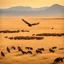 Placeholder: An image capturing the awe-inspiring sight of a magnificent golden eagle in flight, soaring gracefully over a sprawling landscape where a herd of impalas grazes peacefully below. The eagle's wings are outstretched, catching the sunlight and casting a majestic shadow over the savannah. This scene showcases the grandeur of both the eagle and the wild impalas in their natural habitat, creating a powerful and harmonious composition.