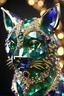 Placeholder: large crystal cat statue, regal, award winning sculpture, artistic, creative, wow, beautiful, hyper realistic, bokeh, made of small shiny slabs of slightly opaque jade with multicolored emerald and sapphire and amethyst and sparkly diamonds set on gold filigree, vray render, amazing craftmanship, very dark and saturated colors