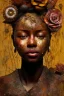 Placeholder: an abstract painting of rusted metal and flowers, african portrait, rust, scaffolding, iron cladding, decay, mixed media, textured, anatomically correct, beautiful perfect face, sharp focus, highly detailed