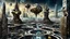 Placeholder: a stunningly weird image of a futuristic metropolis using Salvador Dali's paranoiac-critical method, where buildings and structures appear to melt into the skyline cityscape is filled with floating mad, twisted sharp metal shapes that interact with the buildings and each other, forming a surreal tableau of a dreamlike reality. neu-steampunk vibe, essence of the scene in a cinematic manner, with dramatic shadows that enhance the distorted perspectives and bizarre, futuristic surreal vibe