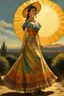 Placeholder: mexican woman with long dress painting neoclassism whole body zoom the sun standing