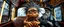 Placeholder: close up portrait of hairy fluffy polymer clay cute happy worried monster with realistic human colored and textured skin, and long sleek limbs and with studio lights, on a luxury ornate neon buss with strange graphitti and tatooes, talking to a wise man