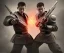 Placeholder: mdjrny-v4 style, twin martial artists in a fighting pose, dramatic lighting, epic photo, volumetric lighting, detailed, photo realistic, by drew struzan, analog style, blur haze, cinematic,