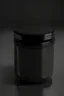 Placeholder: black container, plastic, realism, with screw lid, no labels, round container, view from the front, dark studio setting