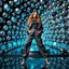 Placeholder: make a picture pretty stage made of metallic cyan-gray teme 3d fractal recursive cubic and sphere base structures and a beautiful fashion model lady posing with cute,with baggy style pants with a tight shirt and jacket,silver high heels ,makeup curvy long hair,dynamic camera zoom to full body and pan, dynamic lights.