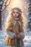 Placeholder: Masterpiece, best quality, digital painting style, beautiful fantasy art, high quality, 4k. In a wintry wonderland, a radiant little girl, adorned in the splendor of freshly fallen snow, her golden locks shimmering like spun gold, her eyes aglow with an enchanting warmth, appears as though brought to life from the pages of a fairy tale; a living embodiment of Elsa in her own magical snow-kissed realm, where every hue dazzles and sparkles, casting an iridescent glow over the frosty landscape.