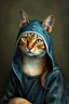 Placeholder: cat with shark mask hat solana as mona lisa in the style of banksy