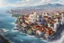 Placeholder: focus on a large fantasy seaside white metropolis, realistic artstyle, majestic palace-castle on a hill near the coast in the distance, big double city walls, tall golden towers, red roofs, high perspective, king's landing, constantinople, sky view, high view, summer, warm, focus on city, hills in background