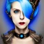 Placeholder: steampunk, head, woman, rendering, blue hair, electric circuits, steam, torn crown, highlights