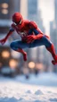 Placeholder: spider man jumping doing winter freestyle trick, bokeh like f/0.8, tilt-shift lens 8k, high detail, smooth render, down-light, unreal engine, prize winning