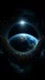Placeholder: Earth view from a distance, a lot of Intelsats orbiting around Earth, Cold blue cloudy hole collision a shape of devilish dark body , Cinematic interstellar