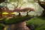 Placeholder: Magical fantasy elven cafe forest rivendell tree flower pink green yellow beautiful nature river moss sunlight