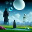 Placeholder: The Grim Reaper and the Skeleton on bubble world, discussing the future of the universe, art by Magritte and Pixar