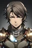 Placeholder: a sly looking young man with dark brown hair and a charming hairstyle and brown eyes, anime themed light metal armor on top.