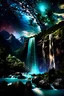 Placeholder: mountains over spiral galaxy and waterfall