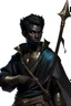 Placeholder: A young male Air genasi with black skin ahs some hair holding a smuldring spear