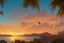 Placeholder: cockatoos, tropical paradise island, sunset