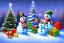 Placeholder: Impressionism, pastel colors, christmas scene, snowman, christmas tree, christmas lights, wreath, presents