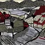 Placeholder: A dark red village with a port painted by Roy Lichtenstein