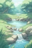 Placeholder: A river, in middle of grass and woods, a little rock jumping in the water, day, masterpiece, extreme quality, anime art style, high detailed, manga art style