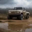 Placeholder: stylized hyperrealistic shot, muddy military toy truck, monotone color palette, sharp focus, puddle reflection, tire water splash, refraction, mist on the horizon, shadowcast, god rays, detailed and intricate, cinematic composition, micro, tilt shift photography