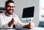 Placeholder: photo of smiling person sitting at computer giving thumbs up